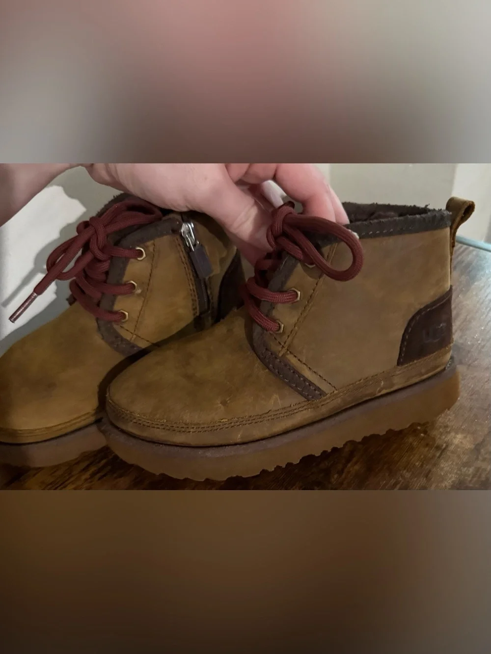UGG Kids Tan Brown Neumel Boot with Red Laces